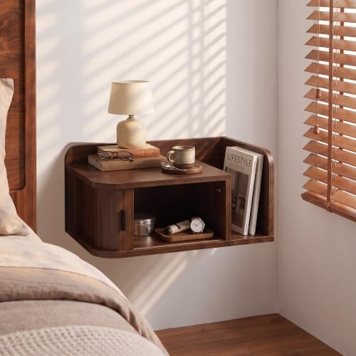 Floating Nightstand Walnut Fluted Bedside Table with Open Shelf (L)