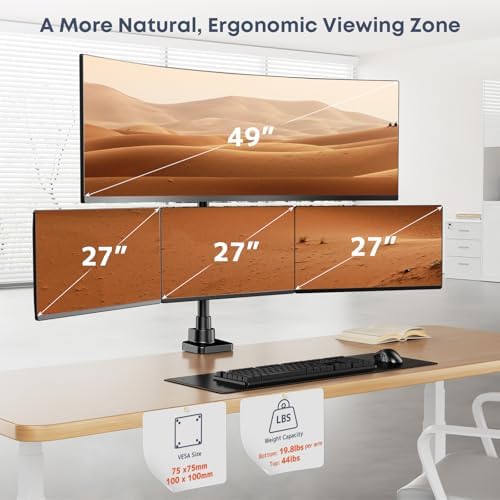 Quad Monitor Mount for up to 49 inch Ultrawides on Top and 27 inch Screens on Lower Brackets,Heavy Duty,Fully Adjustment, Holds up to 44 lbs, VESA 75x75/100x100 mm,Black