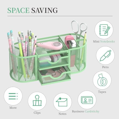 SUPEASY Mesh Desk Organizer, Pen Holder for Desk with 2 Drawers, MintGreen