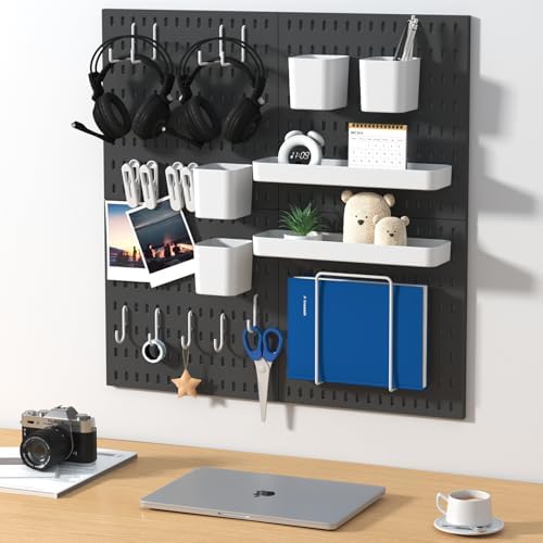 Peg Board Combination Kit, 4 Pegboards with 20 Accessories, Pegboard Wall Organizer for Office, Nursery & Home Storage, Key Holder, 25.6"x25.6" – Nail-Free Installation（Black）