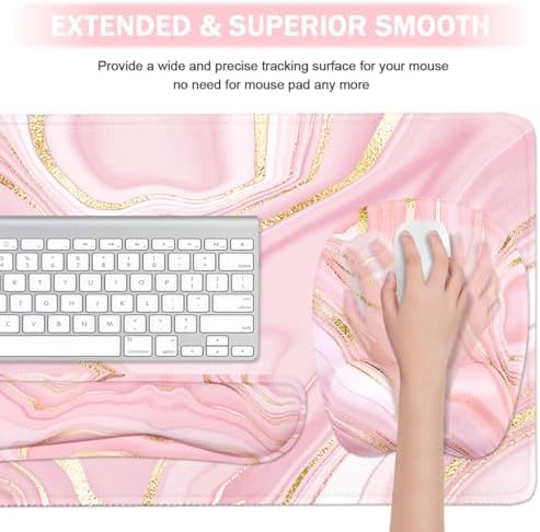 Keyboard Wrist Rest Large Mouse Pad Wrist Support for Computer, 4 in 1 Memory Foam Keyboard Pad Desk Mat Ergonomic Hand Rest Wrist Cushion for Home Office Gaming - Pink Marble