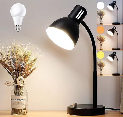 AFORTLO LED Desk Lamp,3 Color Temperature Changeable Table Lamp,Flexible Gooseneck Eye-Caring Book Reading Light for Home Office, Study, Nightlight with Bulb (Matte Black)