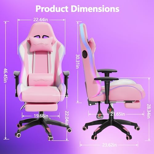 Mr IRONSTONE Gaming Chair with Footrest, Ergonomic Gaming Chair with Massage Lumbar Support and Headrest, Reclining Computer Desk Chair for Adults, Adjustable Swivel Gaming Office Chair, Pink