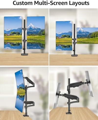 Vertical Dual Monitor Mount Fit up to 32", Stacked Monitor Stand for 2 Computer Screens, Gas Spring Full Motion Adjustable Tall Display Desk Mount, Each Arm Holds up to 17.6lbs, VESA Mount