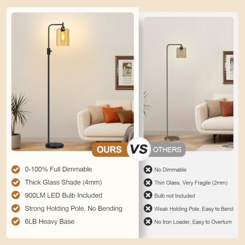 【Upgraded】 Dimmable Floor Lamp for Living Room with Amber Glass Lampshade, Black Modern Glass Floor Lamp with 900LM LED Bulb Included, Arc Standing Tall Lamp for Bedroom, Office, Reading Room, Corner