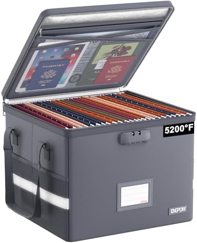 ENGPOW 5200°F File Box Fireproof Document Box with Lock,Heat Insulated Collapsible File Storage Organizer Box with Handle,Portable Home Office File Cabinet for Hanging Letter/Legal Size Folder, Gray