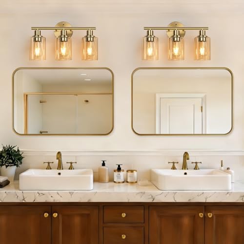 Zarbitta 3-Light Bathroom Light Fixtures, Brushed Gold Vanity Light, Farmhouse Wall Lights with Amber Glass Shades, Bathroom Wall Lamp for Mirror Kitchen Bedroom Hallway Living Room