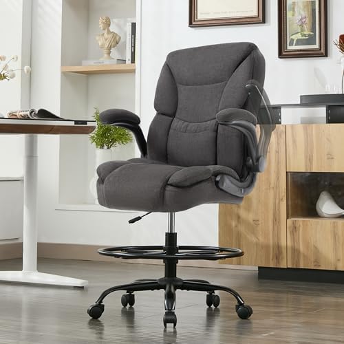 500LBS Drafting Chair, High Back Safer Standing Desk Chair, Executive Tall Office Chair with Flip-up Armrests, Upholstered Fabric Task Chair, Ergonomic Seat with Adjustable Height&Foot Ring, Dark Gray