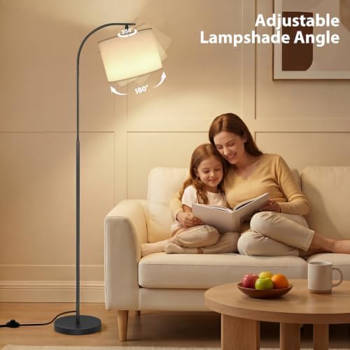 SIBRILLE Floor Lamp with Linen Shade, Arc Dimmable Tall Standing Lamp with Remote Control, Modern Floor Reading Light for Living Room Bedroom Office Corner, 9W LED Bulb Included