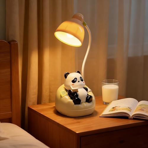 Cute Panda Night Light with Phone Stand & Storage, Rechargeable Bedside Lamp, 3-Level Touch Control Adjustable, LED Desk Lamp with USB for Bedroom Study Room, Boys Girls Gift (Pink)