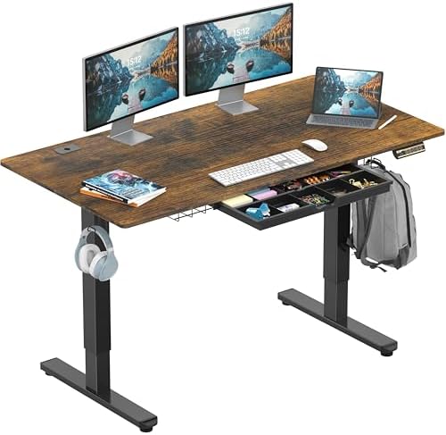 SHW 55 x 28 Electric Height Adjustable Standing Desk w/Drawer,Rustic Brown
