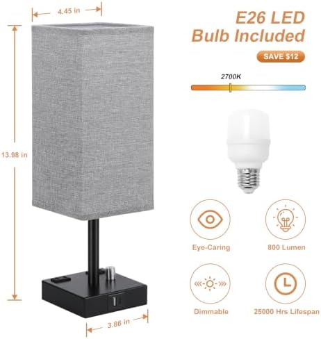 Grey Bedside Table Lamps Set of 2 - Dimmable, USB C+A, 2 AC Outlets
