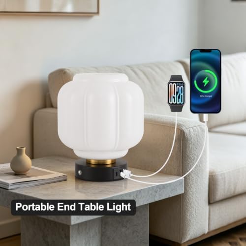 Rechargeable Table Lamp, Cordless Milk Glass Bedside Lamp Small