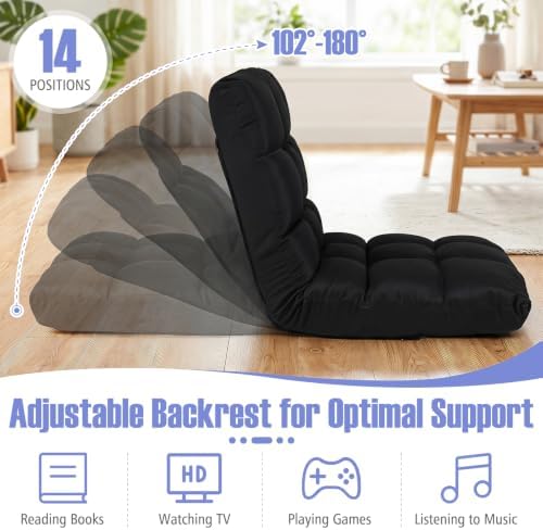 Giantex Adjustable Floor Gaming Sofa Chair 14-Position Cushioned Folding Lazy Recliner High Resilience Sponge, Breathable Cotton & Linen Fabric Sleeper Bed Couch Recliner (Black)