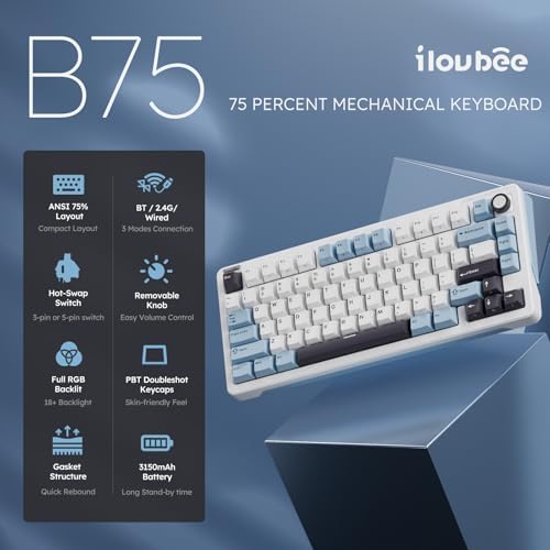 iLovBee B75 Wireless Mechanical Keyboard with Knob, Linear Switch, White