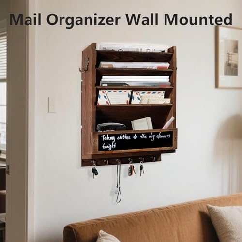 Wall Mail Organizer, Rustic Key and Mail File Holder for Wall Mount，brown