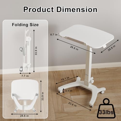 BONTEC Mobile Foldable Standing Desk, Gas Spring, 25.6 x 19.7 Inch, White
