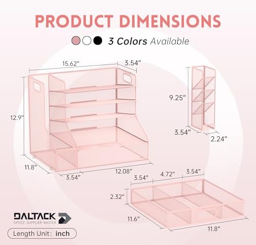 5-Tier Desk Organizer with File Holder & Pen Holder & Sliding Drawer, Pink