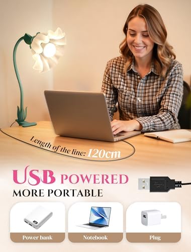 Clip On Flower Lamp for Bedroom, Aesthetic Bedside Reading Light with Flexible Gooseneck, 3 Color Modes Cute Desk Lamp Decor for Dorm Room, Headboard, Nightstand and Home Office