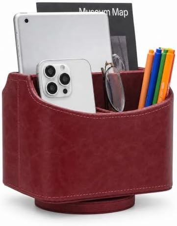 UnionBasic Rotating Desk Organizer, 360 Desk Spinning Caddy, Desktop TV Guide/Mail/Media/Remote Controller Holder Organizer, Burgundy - Printed Oil Leather