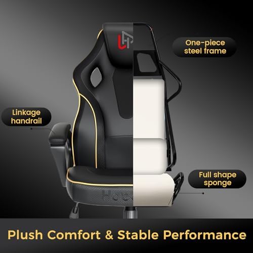 HapGIFT Gaming Chair, Ergonomic Computer Gaming Chairs with Link Armrest, PU Leather Video Game Chairs for Adults Teens, Height Adujustable Racing Style PC Chair for Home, 300LBS (BLACK)