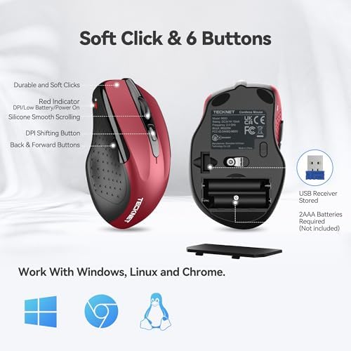 TECKNET Wireless Mouse, 2.4G Ergonomic Computer Mouse, 2600 DPI, Red