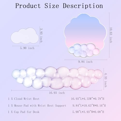 Gel Cloud Wrist Rest Keyboard Clear Mouse Pad with Wrist Rest Set 3PCS Ergonomic Acrylic Coaster Non-Slip Base Cute Transparent Cool Wrist Pad for Keyboard and Mouse Computer Gradient Pink Blue