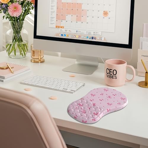 Ergonomic Mouse Pad Wrist Support with Massage Design,Cute Bows Wrist Rest Pain Relief Mousepad with Memory Foam,Mousepad for Wireless Mouse