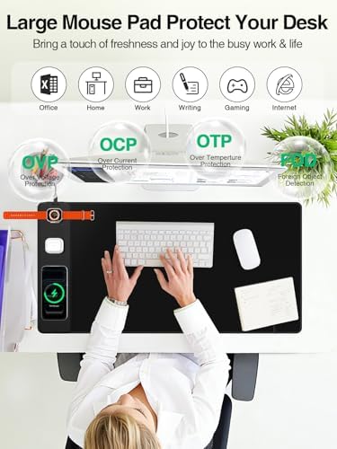 Mouse Pad with Magnetic Wireless Charging, Large Desk Mat, Non-Slip Mouse Mat, Keyboard Pad for Gaming, Desk, Office, PC