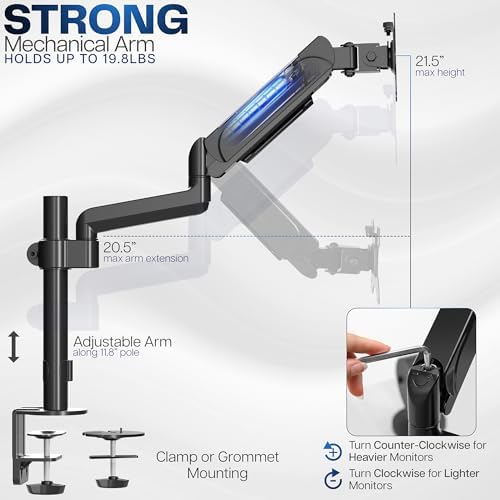 VIVO Single Monitor Arm Mount for 17 to 32 inch Screens - Tension Height Adjustment, Full Articulating Tilt, Swivel, Heavy Duty VESA Stand with Desk C-clamp and Grommet Option STAND-V001K