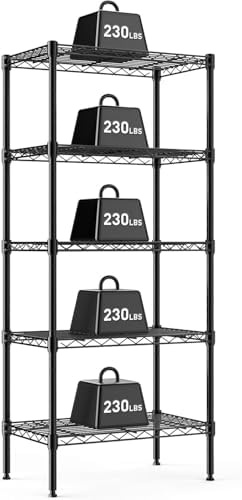 HealSmart 5-Tier Metal Wire Storage Shelves, Adjustable Standing Storage Rack Shelf, Heavy Duty Steel Shelving Unit Organizers for Kitchen Bathroom Pantry Garage, 23.3" W×13.4" D×60" H, Black