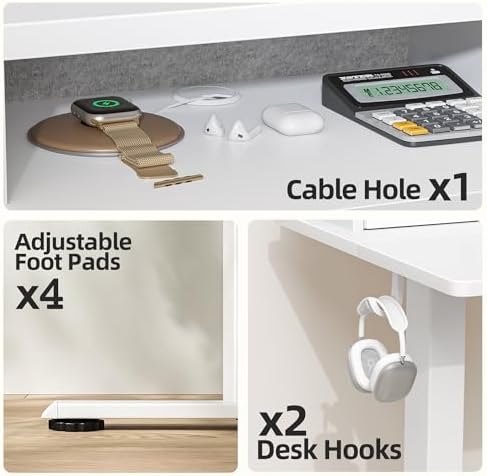 TIQLAB 48 * 28 Inch Standing Desk with Four Drawers, Electric Sit Stand Table, Stand Up Desk Adjustable Height with Storage Shelf, Splice Board, White