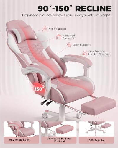 LUCKRACER Gaming Chair with Footrest and Pocket Spring Cushion, 90°-155° Reclining Ergonomic Computer Chair, 4" Height Adjustable, Lumbar Support, SGS Class 3 Gas Lift, Pink