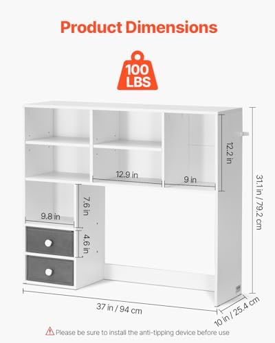 VEVOR Desktop Bookshelf, 3-Tier Desktop Storage Organizer, 37" x 10" x 31.1" Office Storage Rack Wood Display Shelf, Desktop Bookshelf Hutch with 2 Fabric Drawers, for Office, Home & Dorm, White