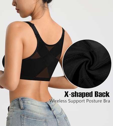 Front Closure Posture Corrector Wireless Bra Back Support Comfy Unlined Bras Full Coverage Bra with Nipple Covers