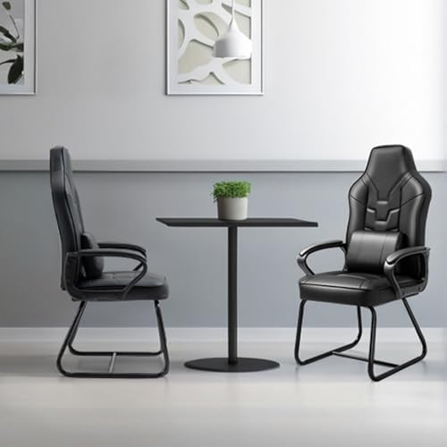 Leather Office Guest Chair No Wheels High Back Computer Reception Chairs with Padded Arms Waist Pillow for Meeting Gaming Conference Waiting Room, Black