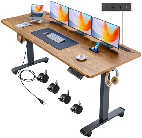 Electric Standing Desk with Wheels, 63'' x 24'' Standing Desk Adjustable Height with Charging Station, 2 USB Ports, 3 Power Outlets, 4 Caster, 27''-46'' Lifting Range Stand up Desk(Brown)