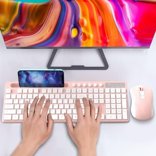 MARVO Wirelss Keyboard and Mouse Combo with Phone Holder, Full-Size, Pink