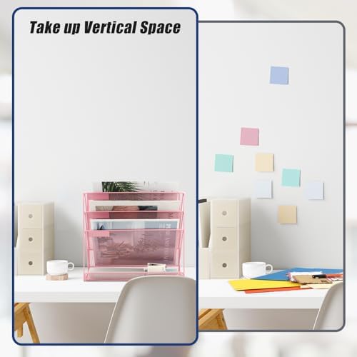 EASEPRES Desk File Organizer Mesh 4-Tier, Hanging Wall Mount Document Organization Stand, Desktop Vertical Mail Paper Folder Holder Rack with Bottom Tray for Office Home Cubicle Countertop, Pink