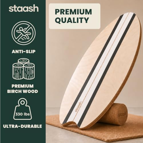 STAASH® Balance Board Full Kit – Premium Birch Wood Trainer with Cork Roller, Balance Disc, Massage Ball & Anti-Slip Mat – Core Strength, Surf, Snowboard & Rehab Training – All-In-One Set