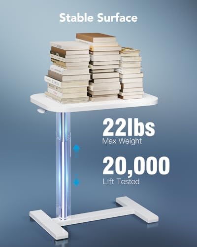 HUANUO 32Inch Bedside Table with Wheels, Height-Adjustable Rolling Computer Cart, Overbed Table with Cup Holder, Pneumatic Laptop Standing Desk for Home Office, White