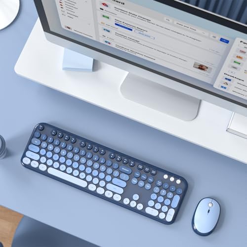 MOFII Wireless Keyboard and Mouse Combo, Full Size 2.4G Retro Round Computer Keyboard and Mouse Set, Plug and Play, for Windows, Computer, Desktop, PC, Notebook - (Sea Blue Gradient)