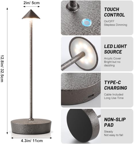 2Pack Rechargeable Cordless Table Lamp, Portable Powered LED Battery 6000mAh Metal USB Desk Lamp, 3 Levels Brightness Light for Restaurants Outdoor (2pack LCE Flower Brown)