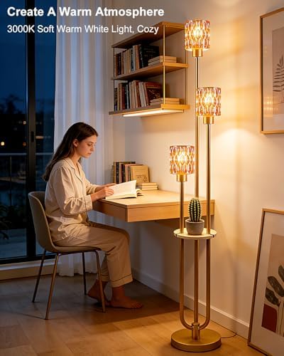 62IN Gold Floor Lamp with Amber Glass Shade 3-Lights Mid-Century Modern Farmhouse Floor Lamps with 3000K Warm White Bulbs, Tall Standing Lamp 5Lbs Heavy Base for Living Room/Bedroom/Corner