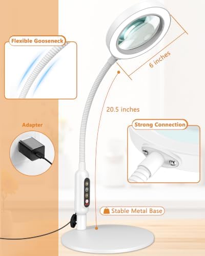 30X 10X Magnifying Glass with Light and Stand, 5 Color Modes Stepless Dimmable, Optical Grade HD Lens, LED Lighted Magnifier Hands Free with 20.5in Flexible Gooseneck for Close Work - White