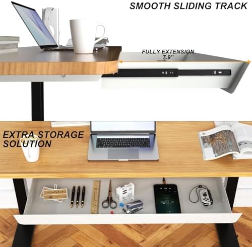 White Large Under Desk Mounted Sliding Drawer with 2 Cable Hole and 60 Degree Tilt Panel to Pull Out, 22.4'' Long & 9.2'' deep Large Storage Organizer for Sit Stand Workstation