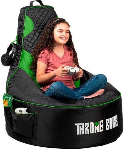 Gaming Bean Bag Chair Cover for Kids, High Back, Large Pockets, Green