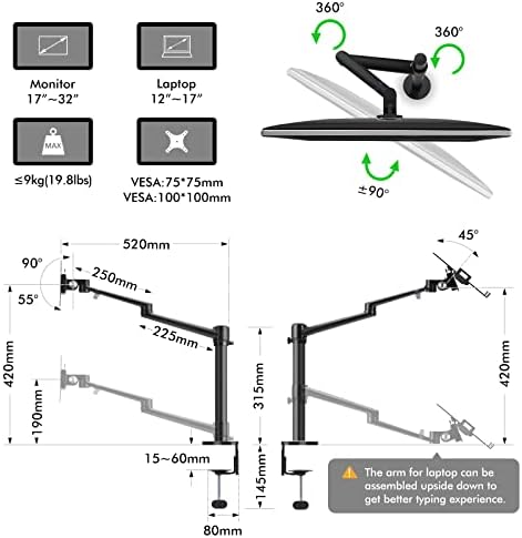 Viozon Monitor and Laptop Mount, 2-in-1 Adjustable Dual Arm Desk Mounts Single Desk Arm Stand/Holder for 17 to 32 Inch LCD Computer Screens, Extra Tray Fits 12 to 17 inch Laptops (Black)