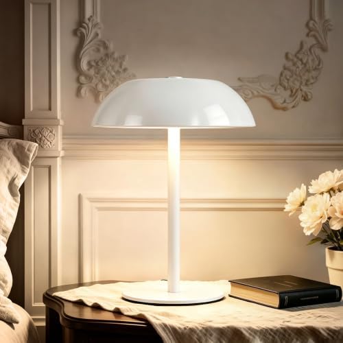 Portable LED Mushroom Table Lamp, 24H Cordless Metal Night Light with Rechargeable Battery, Stepless Dimmable 3 Colors Desk Lamp for Bedroom Bar Coffee Shop(White)