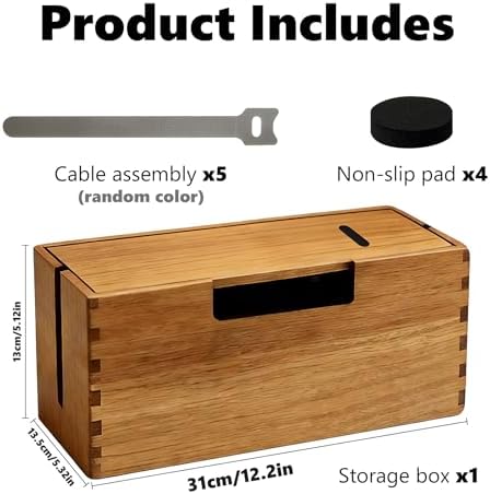Acacia Wood Cable Management Box, Wooden Cord Hider Organizer for Power Strip, Desk/Floor/TV Wire Storage, Under Desk Cable Organizer for Home Office